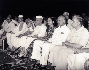 1979 September. Prime Minister Ch. Charan Singh at Ramlila Delhi with Gayatri Devi, daughter Ved Wati, son-in-law Dr. Jai Pal Singh