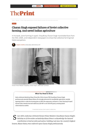 Charan Singh exposed failures of Soviet collective farming. And saved Indian agriculture